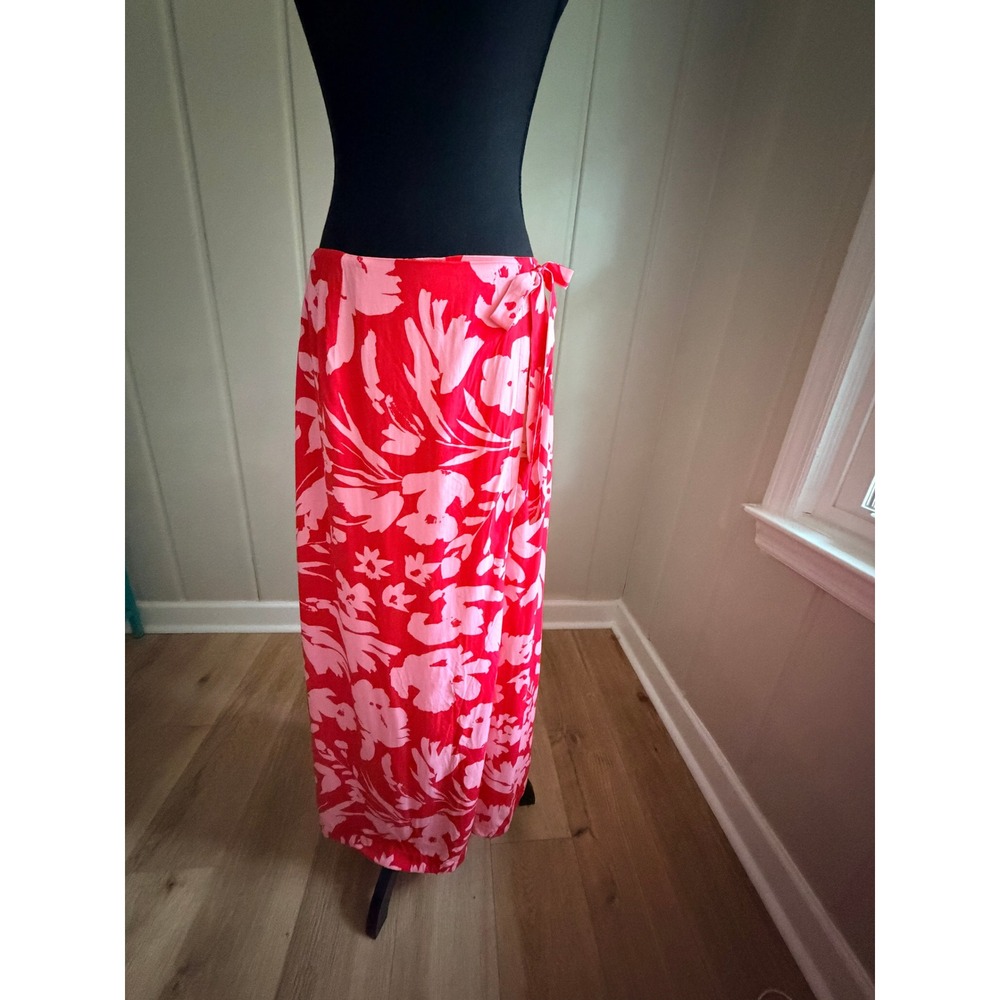 Lost + Wander Red Pink Floral Maxi Wrap Skirt Small Tropical Summer Boho
